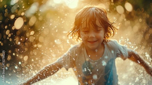 A child leaping through a sprinkler, the epitome of carefree summer days