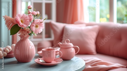 A charming pink tea set arranged on a small table, ready for imaginary tea pa...