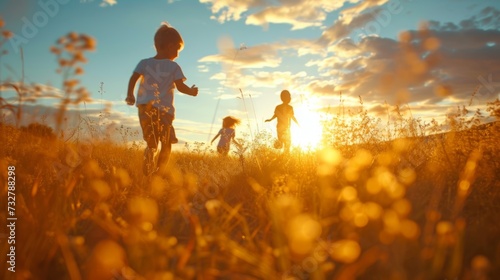 A family picnic, with children playing tag in a field, the joy of simple pleasures