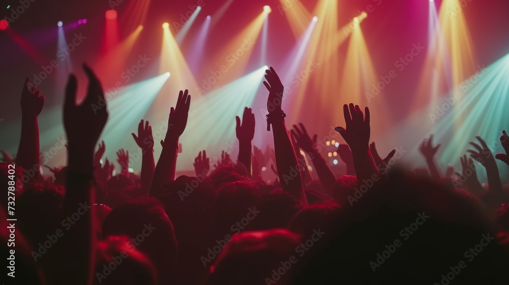A lively concert crowd, hands raised, bathed in colorful stage lights, enjoying the music