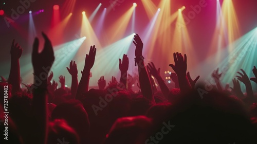 A lively concert crowd, hands raised, bathed in colorful stage lights, enjoying the music