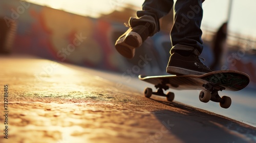 A dynamic shot of a person skateboarding in an urban environment, showcasing skill and movement