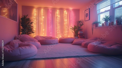 A cozy reading nook nestled in a corner  complete with pink bean bags and fairy lights for a cozy retreat