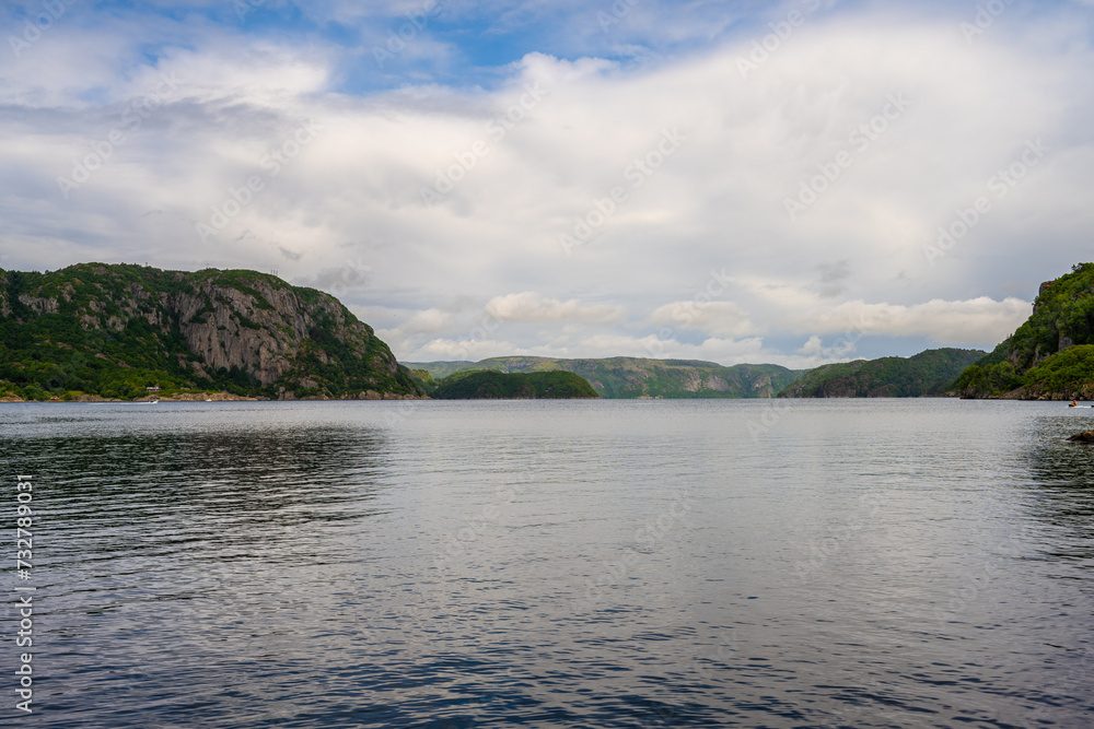 Steep mountains framing Lyngdalsfjorden viewed from Farsund.