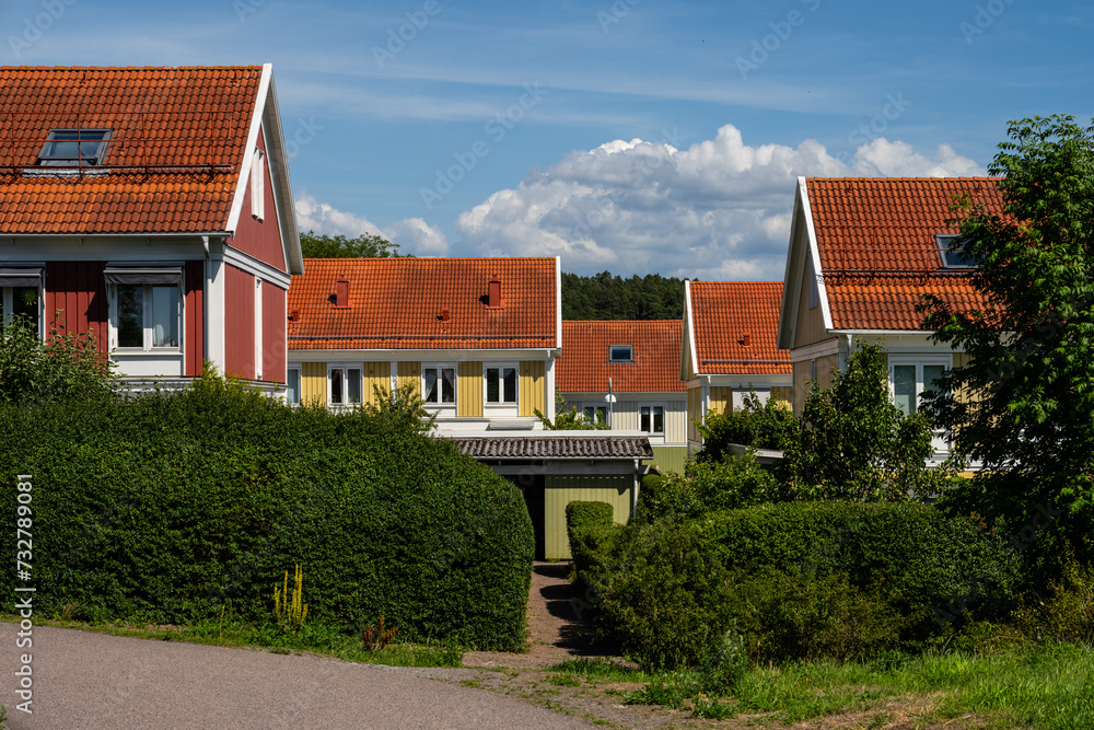 Colorful residential houses with gardens.