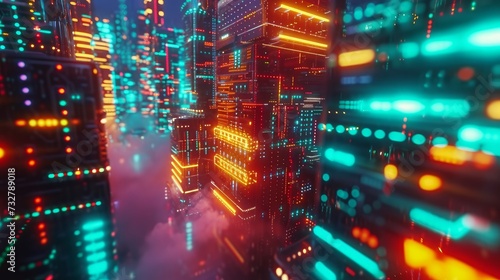 Cyberpunk Night View. Cityscape with bright and glowing neon lights in a Metaverse city and cyberpunk concept