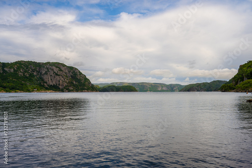 Steep mountains framing Lyngdalsfjorden viewed from Farsund.