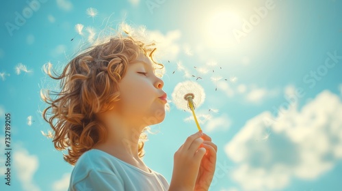 A child blowing dandelion seeds into the wind  making wishes for the future