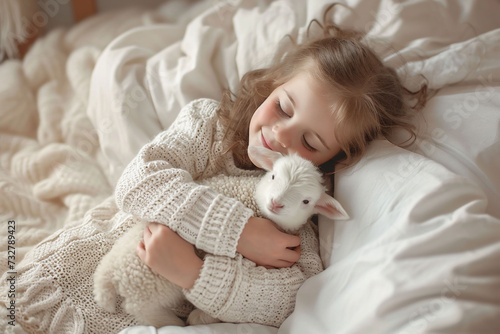 In a serene bedroom, smiling girl holding a lamb exudes a joyful innocence, ideal for themes of friendship and kindness and adorable bonds.