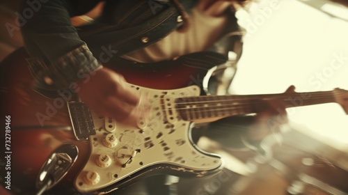 A dynamic image of a person playing guitar, captured mid-performance with pas...