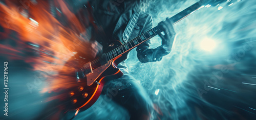 A dynamic image of a person playing guitar, captured mid-performance with pas...