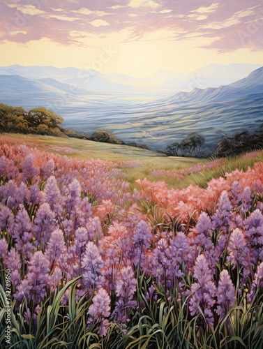 Vintage Lilac Fields  A Blooming Scenic Print of a Picturesque Landscape.