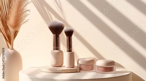 A curated selection of makeup brushes and palettes arranged on a chic