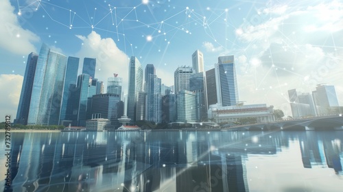 Panoramic view of downtown Singapore's skyscrapers, with a digital interface featuring connected lines and cubes in the foreground, symbolizing modern trading in the metropolis