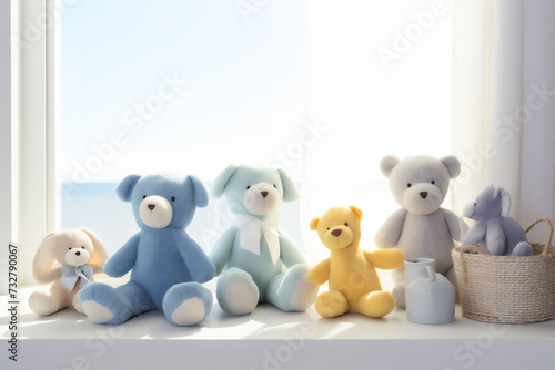 A collection of plush kids toy bears in shades of blue and yellow are thoughtfully positioned on a windowsill, bathed in natural light.