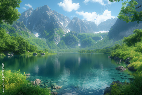 A panoramic view of a pristine mountain lake surrounded by lush greenery  capturing the serenity and untouched beauty of a remote wilderness. Concept of unspoiled mountain landscapes. Generative Ai.