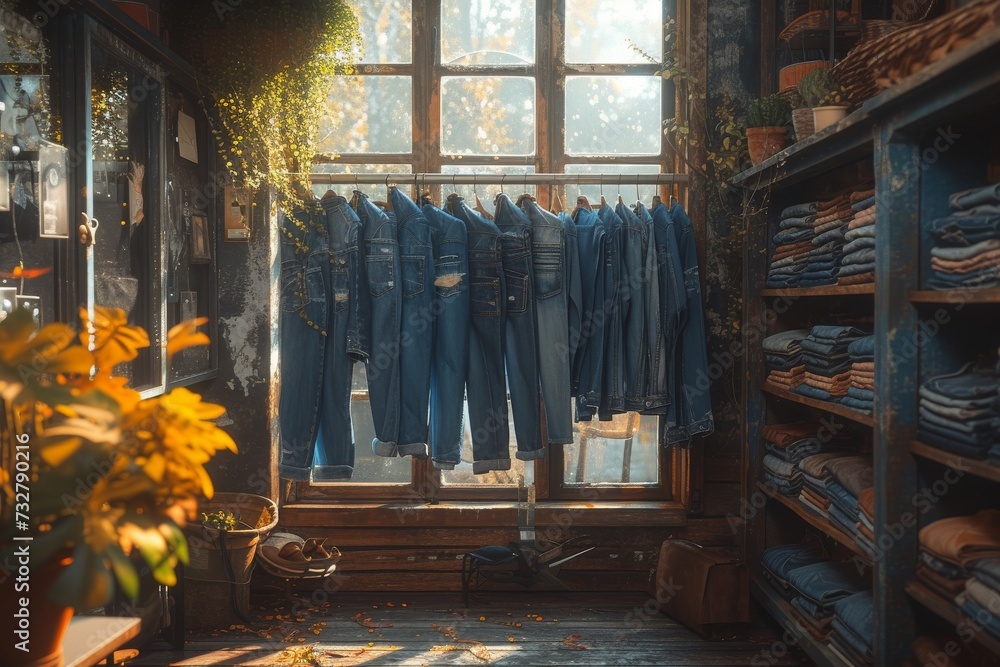 Amidst the warm glow of an indoor window, a row of neatly hung jeans and a potted houseplant create a cozy and inviting atmosphere in the quaint store