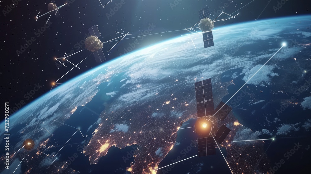 Telecommunication technology network around Earth for internet, 5G cellular data connection, blockchain, IoT, world finance or smart cities. Global satellite communications, space Telecommunication technology network around Earth for internet, 5G cellular data connection, blockchain, IoT, world finance or smart cities. Global satellite communications, space