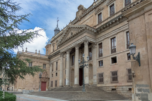 Front facade view at the Faculty of Philology at the University of Salamanca, an iconic building on Salamanca downtown, Spain