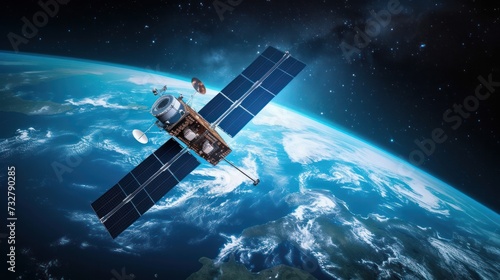 Telecommunication technology network around Earth for internet, 5G cellular data connection, blockchain, IoT, world finance or smart cities. Global satellite communications, space