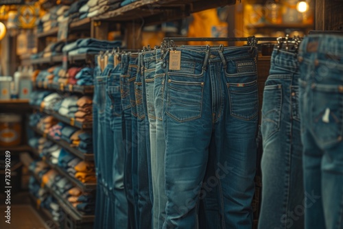 A diverse collection of denim jeans hanging on a rack in an indoor store, eagerly awaiting to be chosen by a person standing nearby