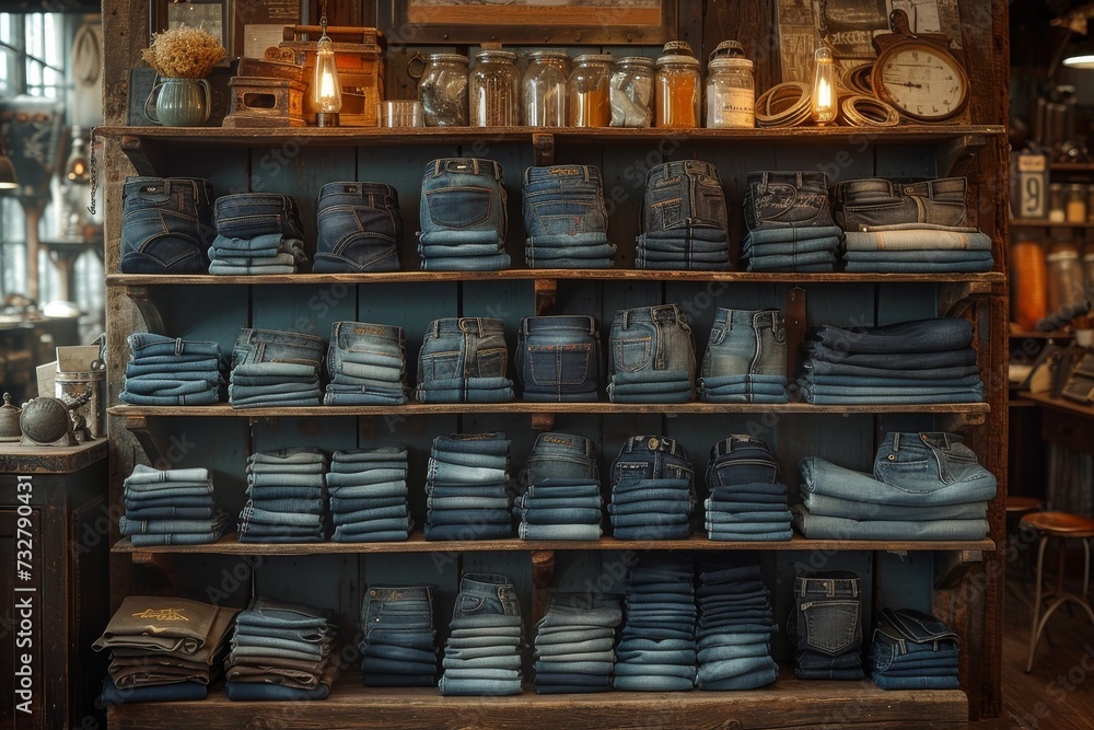 A stylish indoor display of a vast collection of various jeans, neatly stacked on a shelf alongside a vase and shoes in a shop