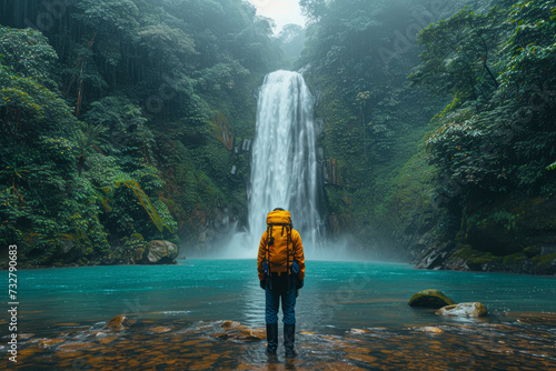 An image of a photographer capturing the essence of a roaring waterfall in a dense rainforest, illustrating the dedication to preserving the beauty of natural wonders photography. Generative Ai.