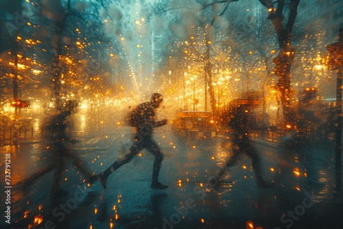 Amidst the darkness and falling rain, a group of people are illuminated by the glow of a fire as they run through the outdoor terrain, their reflections dancing on the wet ground