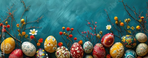 Easter eggs and spring flowers on a dark background. Banner. Happy Easter concept