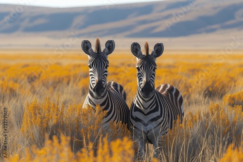 Two majestic zebras graze on the lush savanna grass, framed by towering mountains, showcasing the beauty of these graceful terrestrial animals in their natural habitat © familymedia
