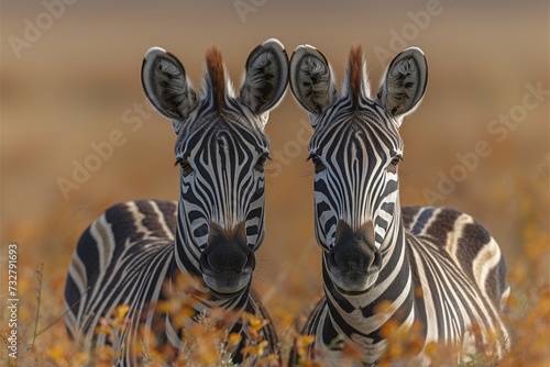 Two majestic zebras  symbols of the wild and grace  stand tall in a sea of green grass  embodying the beauty and resilience of terrestrial animals in their natural habitat