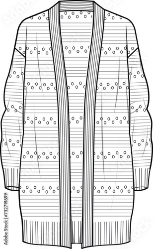 Women's Pointelle Edge-to-Edge Cardigan. 
Technical fashion illustration. Front, white color. Women's CAD mock-up.