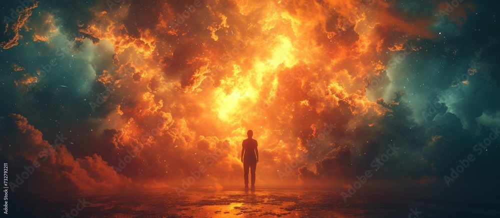 Amidst the fiery chaos of a volcanic eruption, a lone man stands in awe of the destructive power of nature's heat and fire, his surroundings engulfed in billowing smoke and glowing amber - obrazy, fototapety, plakaty 