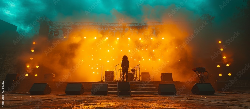 A mesmerizing performance under the open sky, as the guitarist's fiery flare ignites the outdoor stage and the ground beneath their feet, illuminating the darkness with their captivating light