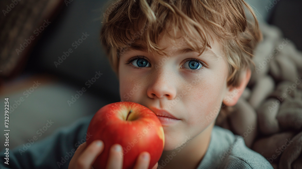Retrato de niño comiendo una manzana, primer plano, con fondo desenfocado Retrato de niño comiendo una manzana, primer plano, con fondo desenfocado