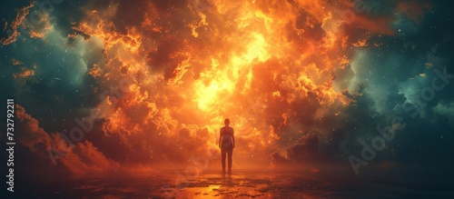 Amidst the fiery chaos of a volcanic eruption, a lone man stands in awe of the destructive power of nature's heat and fire, his surroundings engulfed in billowing smoke and glowing amber