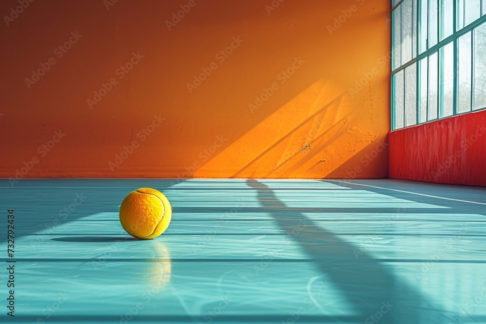 A vibrant yellow tennis ball sits alone on the smooth blue floor, its bright orange hue contrasting against the muted indoor surroundings as it longs for the freedom of the outside world beyond the w