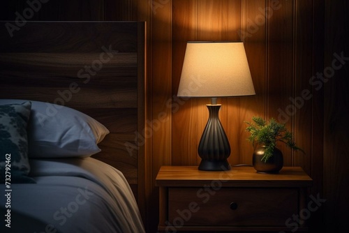 Wooden pedestal holding black bedside lamp with soft night light. Generative AI