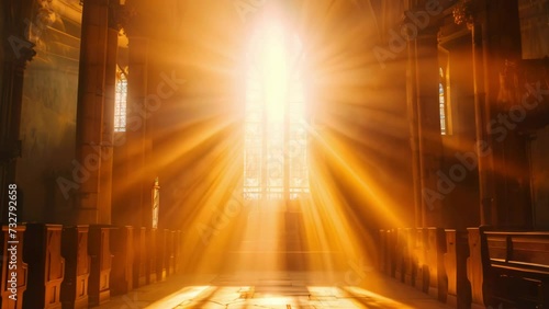 Sun rays through the window into interior of church, symbolizing divine presence, truth, spiritual illumination, God love and grace. Light beams blessing house of the Lord with heavenly light photo