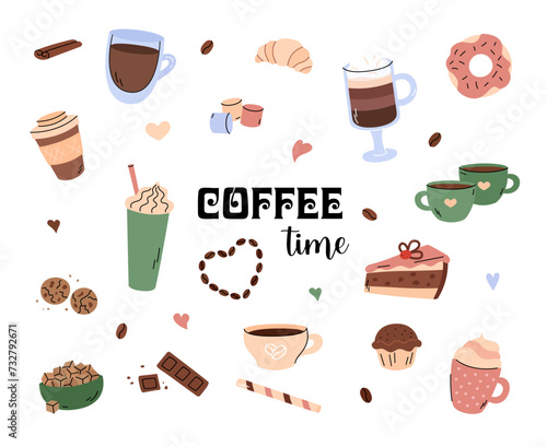 Coffee time doodles vector set. Cute beverages and sweet food elements. Simple hand drawn illustrations. Different coffee drinks cappuccino, espresso, frappe and mocha. Cake, croissant, donut