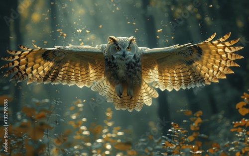 A majestic owl soars through the outdoor wilderness, its beak pointed towards the sky as it embraces the freedom of flight in its natural habitat photo