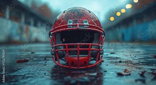A vibrant red helmet rests upon the damp earth, a protective symbol of determination and strength in the midst of a muddy battle