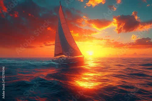 A serene sailboat glides across the ocean, its mast reaching towards the fiery sunset as clouds paint the sky in shades of gold and pink