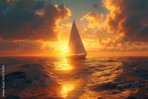 Amidst the vast ocean, a sailboat glides through the waves, its mast reaching towards the sky as the sun sets on the horizon