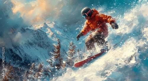 A daring individual rides the snowy wave, gracefully surfing on their snowboard through the outdoor winter wonderland photo