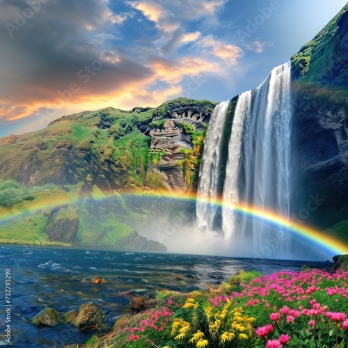 Stunning views of waterfalls and rainbows in spring with lush plants complemented by reflections of sunlight on bright mornings, great for backgrounds, websites, advertisements etc. Generative Ai