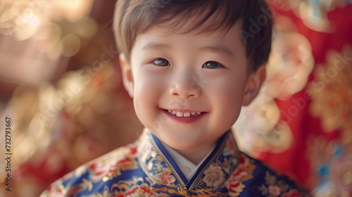 A close-up portrait of a smiling Chinese boy radiating joy and wearing floral robes evoking the beauty and delicacy of the culture. Boy immersed in rich Chinese cultural heritage. photo