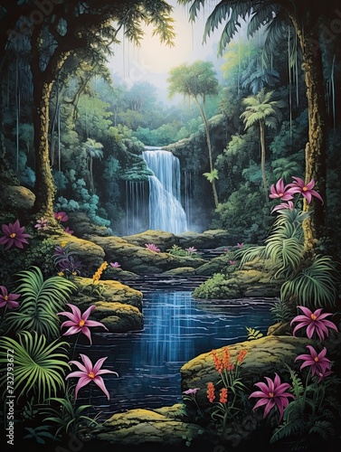 Waterfall Oasis Artwork: Cascading Scene, Jungle Print, Nature Decor