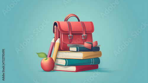 School backpack, books and pencils