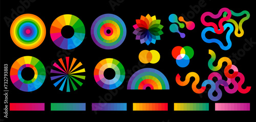 Collection of color theory colorful icons, symbols, elements. Concept graphic design